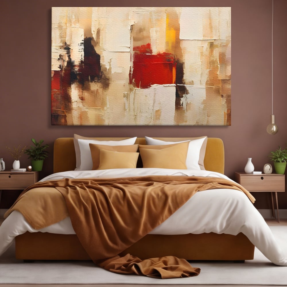 Tablou canvas cu pictura abstracta cu pete de rosu si bej, fara rama, pe sasiu de lemn, pe perete intr-un dormitor
